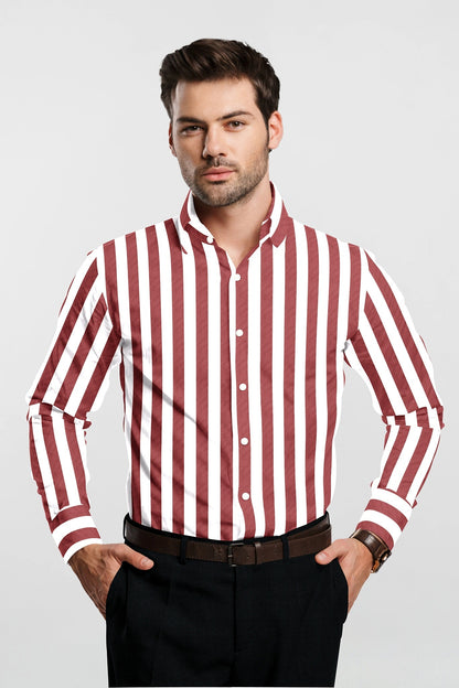 White and Brick Red Awning Stripes Cotton Shirt
