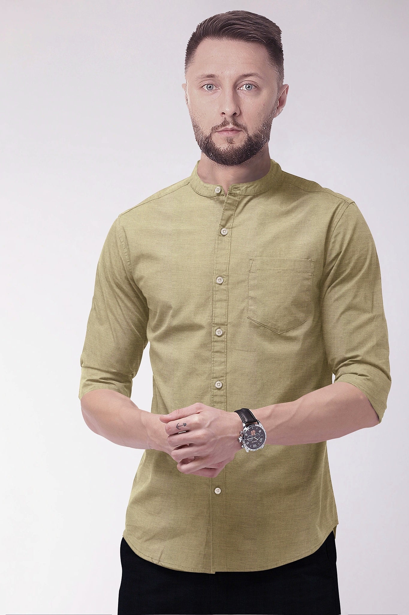 Tan Khaki Mandarin Collar Luxurious Linen Shirt