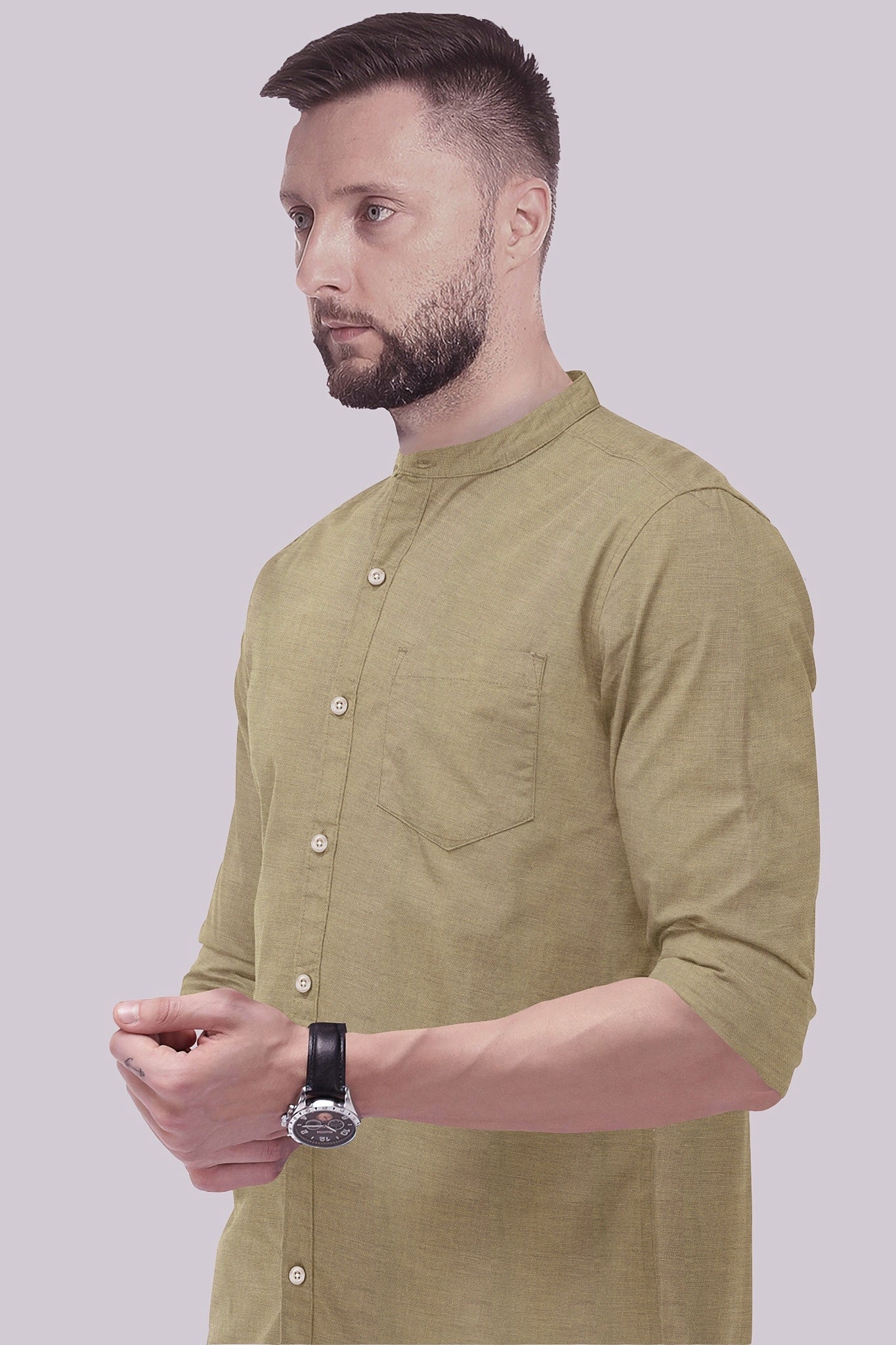 Tan Khaki Mandarin Collar Luxurious Linen Shirt