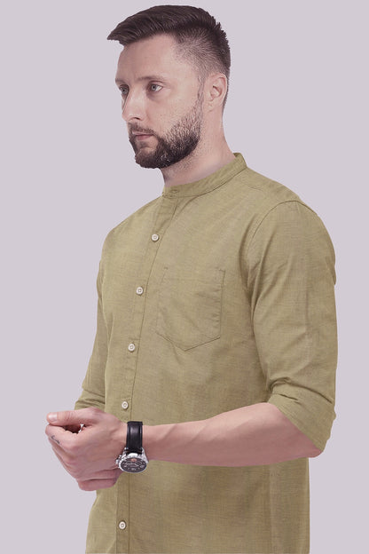 Tan Khaki Mandarin Collar Luxurious Linen Shirt