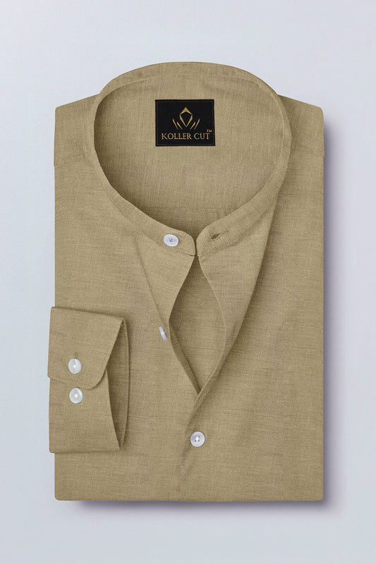 Tan Khaki Mandarin Collar Luxurious Linen Shirt