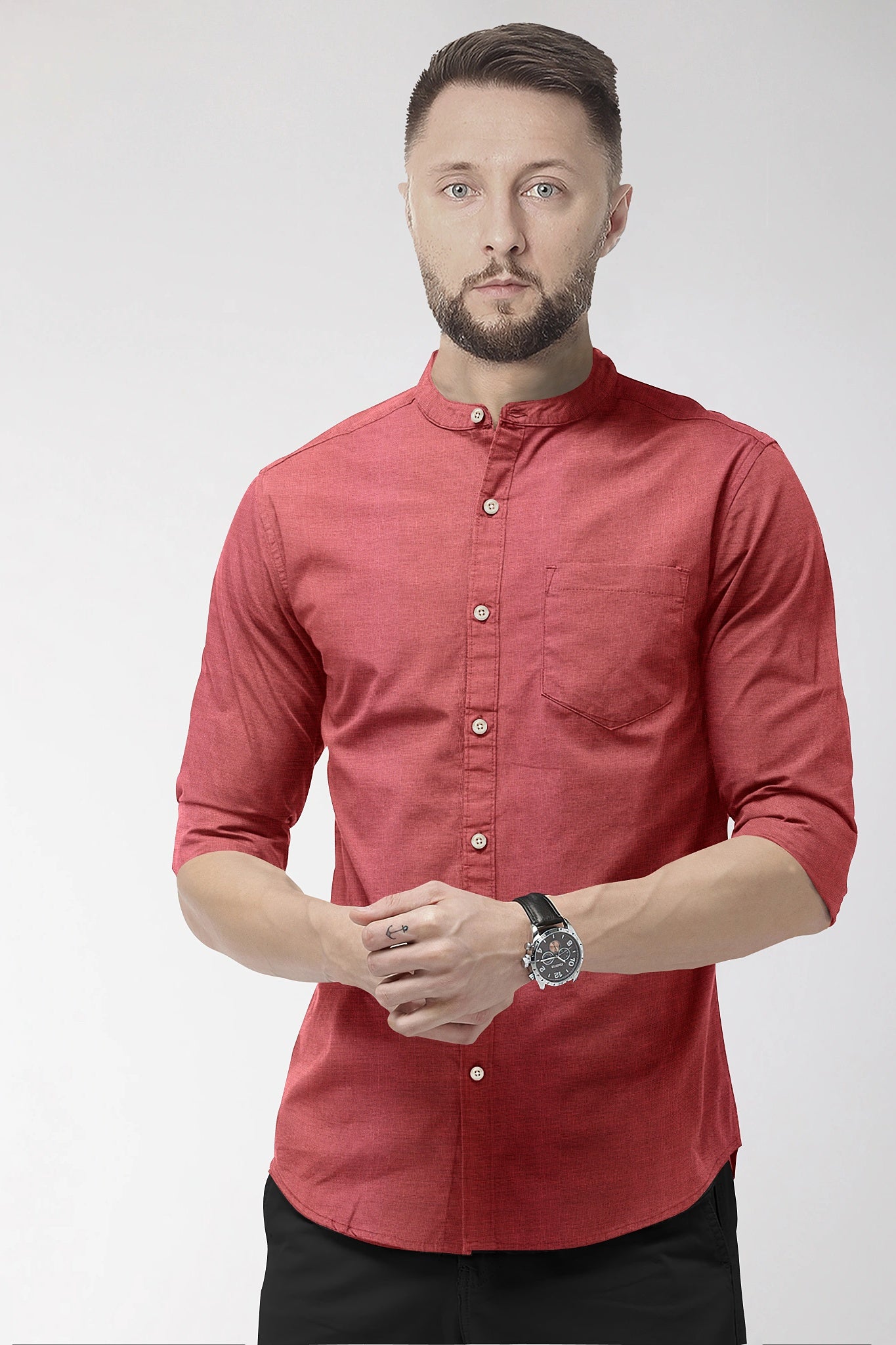 Raspberry Red Mandarin Collar Luxurious Linen Shirt