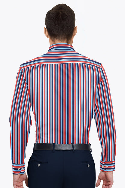 Cadmium Red and Olympic Blue Multicolored Multitrack Stripes Men's Cotton Shirt