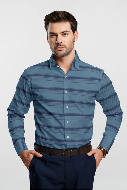 Stone Blue and Denim Blue Wide Stripes Giza Cotton Shirt