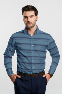 Stone Blue and Denim Blue Wide Stripes Giza Cotton Shirt
