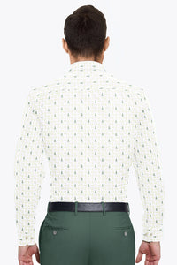 White with Olive Green and Castleton Green Chevron Arrow Printed Luxurious  Linen Shirt