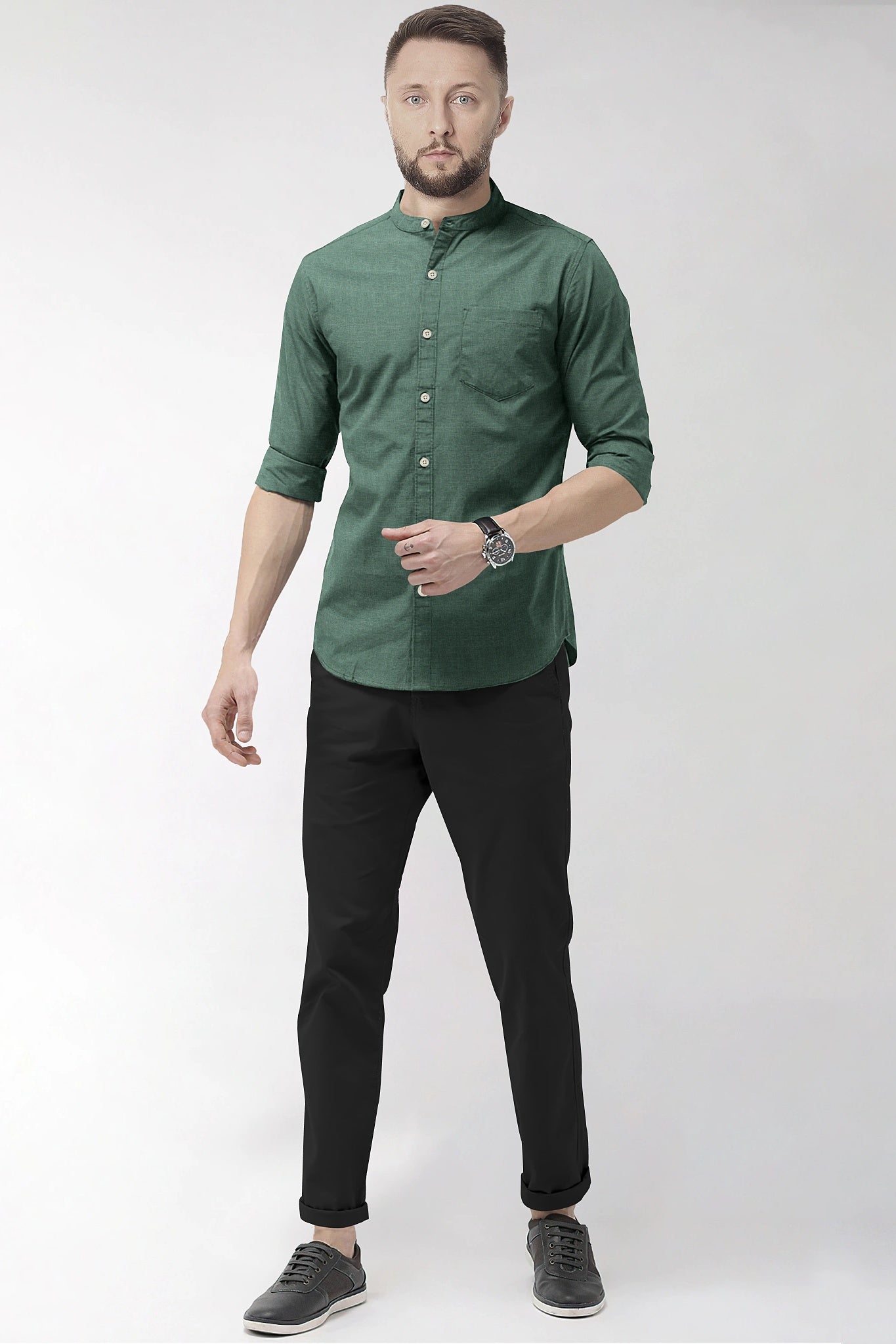 Hunter Green Mandarin Collar Luxurious Linen Shirt