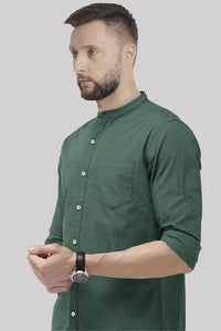 Hunter Green Mandarin Collar Luxurious Linen Shirt