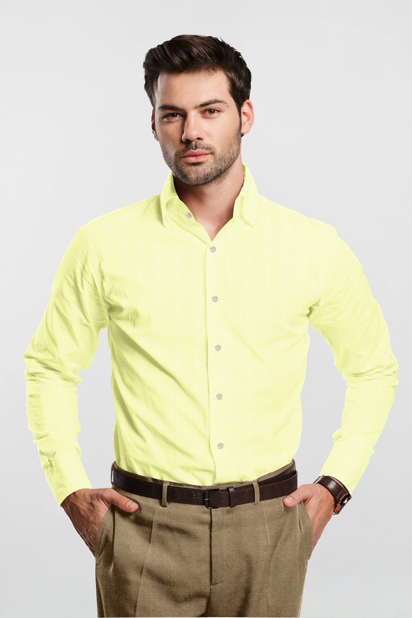 Pastel Yellow and White Wide Stripes Dobby Textured Cotton Shirt