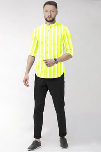 White with Arctic Lime Green and Pastel Yellow Mandarin Collar Roman Stripes Cotton Shirt