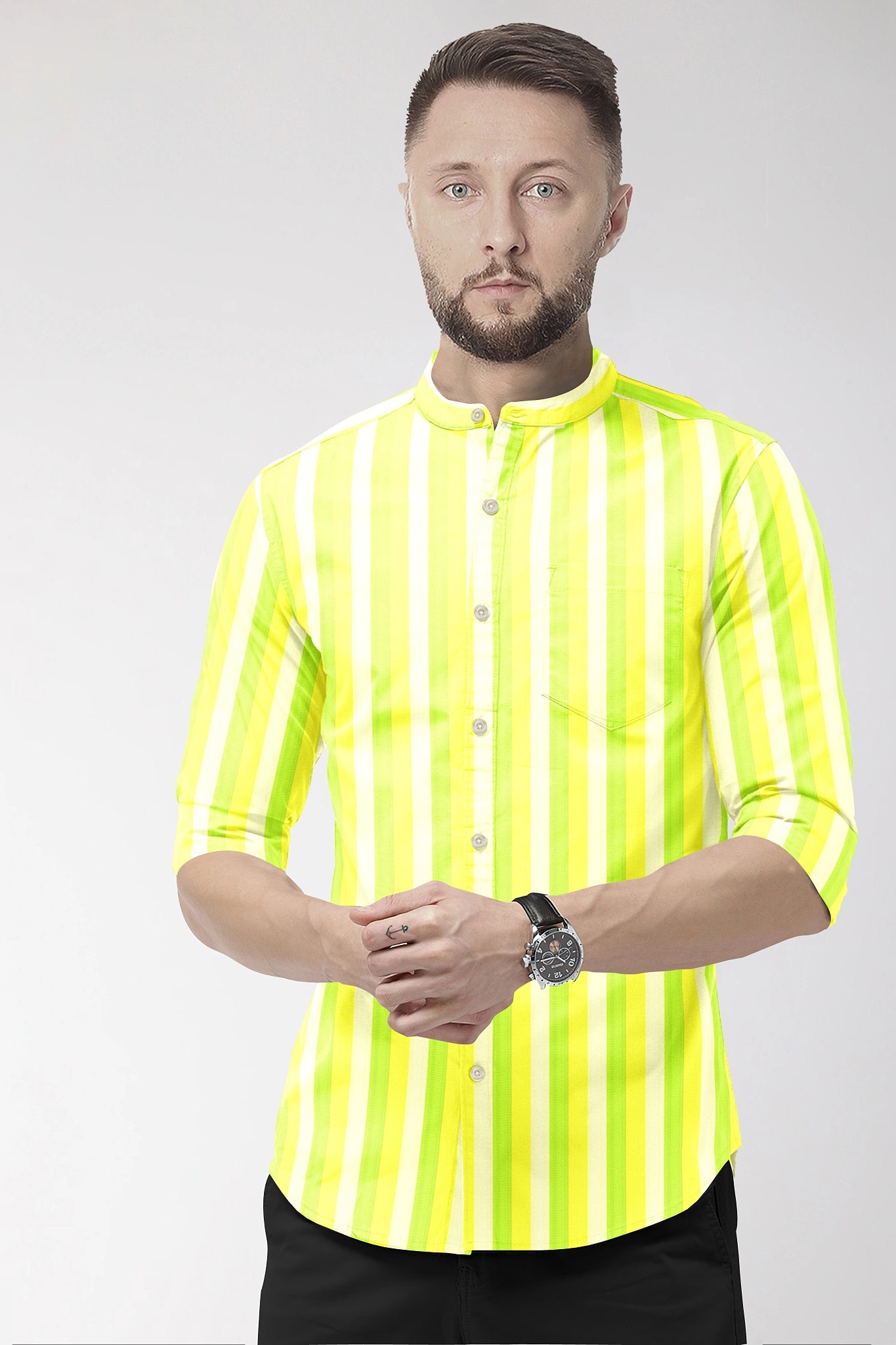 White with Arctic Lime Green and Pastel Yellow Mandarin Collar Roman Stripes Cotton Shirt