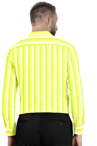 White with Arctic Lime Green and Pastel Yellow Mandarin Collar Roman Stripes Cotton Shirt