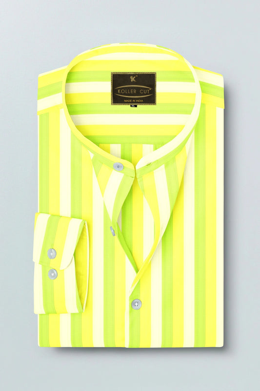 White with Arctic Lime Green and Pastel Yellow Mandarin Collar Roman Stripes Cotton Shirt