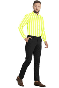 White with Arctic Lime Green and Pastel Yellow Mandarin Collar Roman Stripes Cotton Shirt