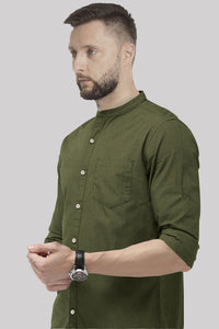 Olive Green Mandarin Collar Luxurious Linen Shirt