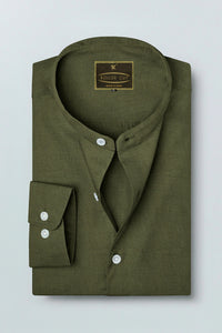 Olive Green Mandarin Collar Luxurious Linen Shirt