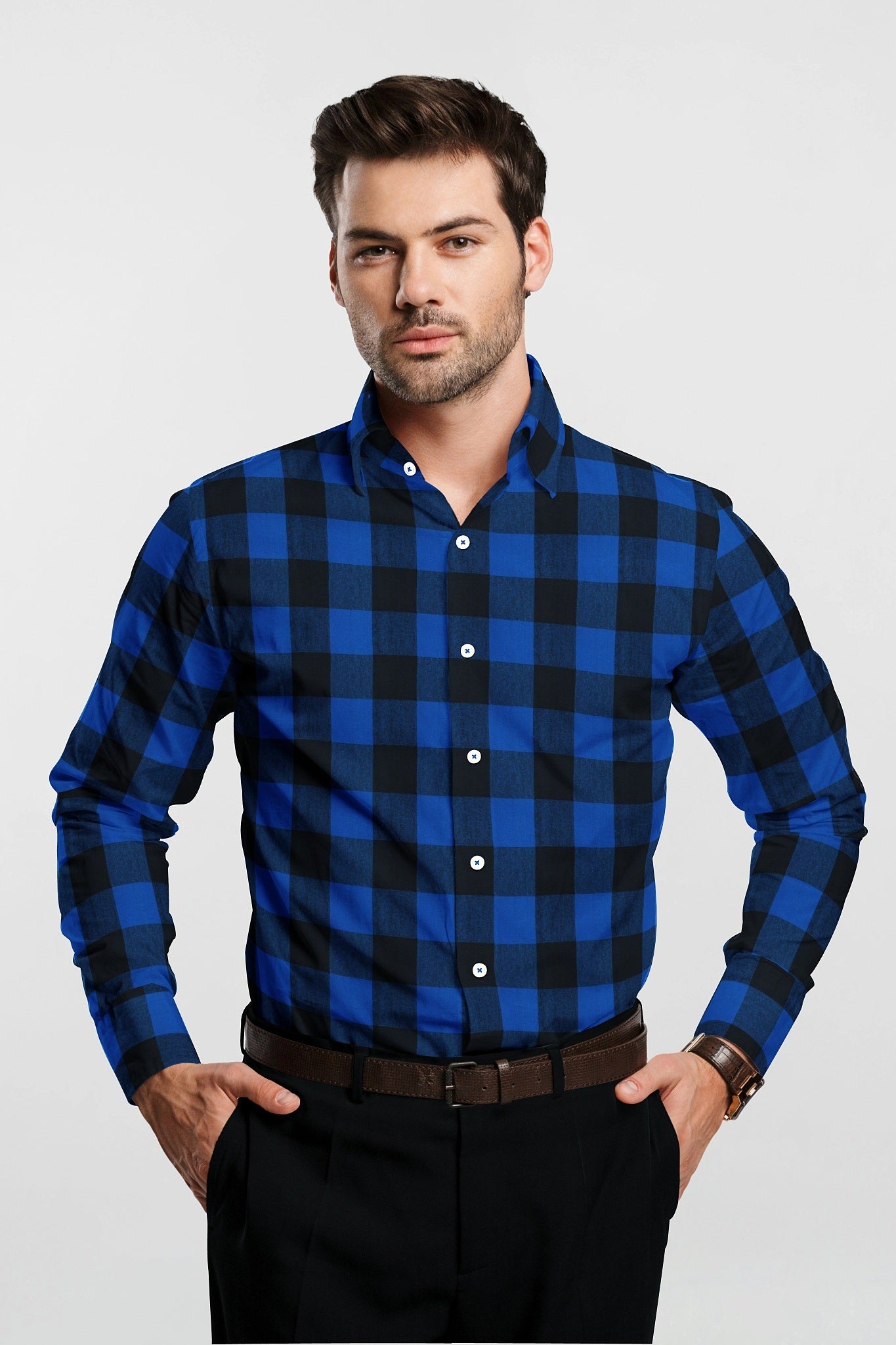 Endeavour Blue with Jade Black Buffalo Checked Flannel Shirt