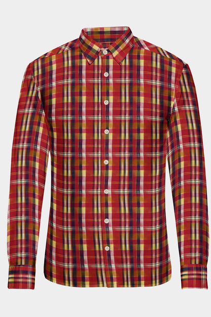 Burgundy Red with Yellow and Blue Checks Organic Cotton Flannel Shirt