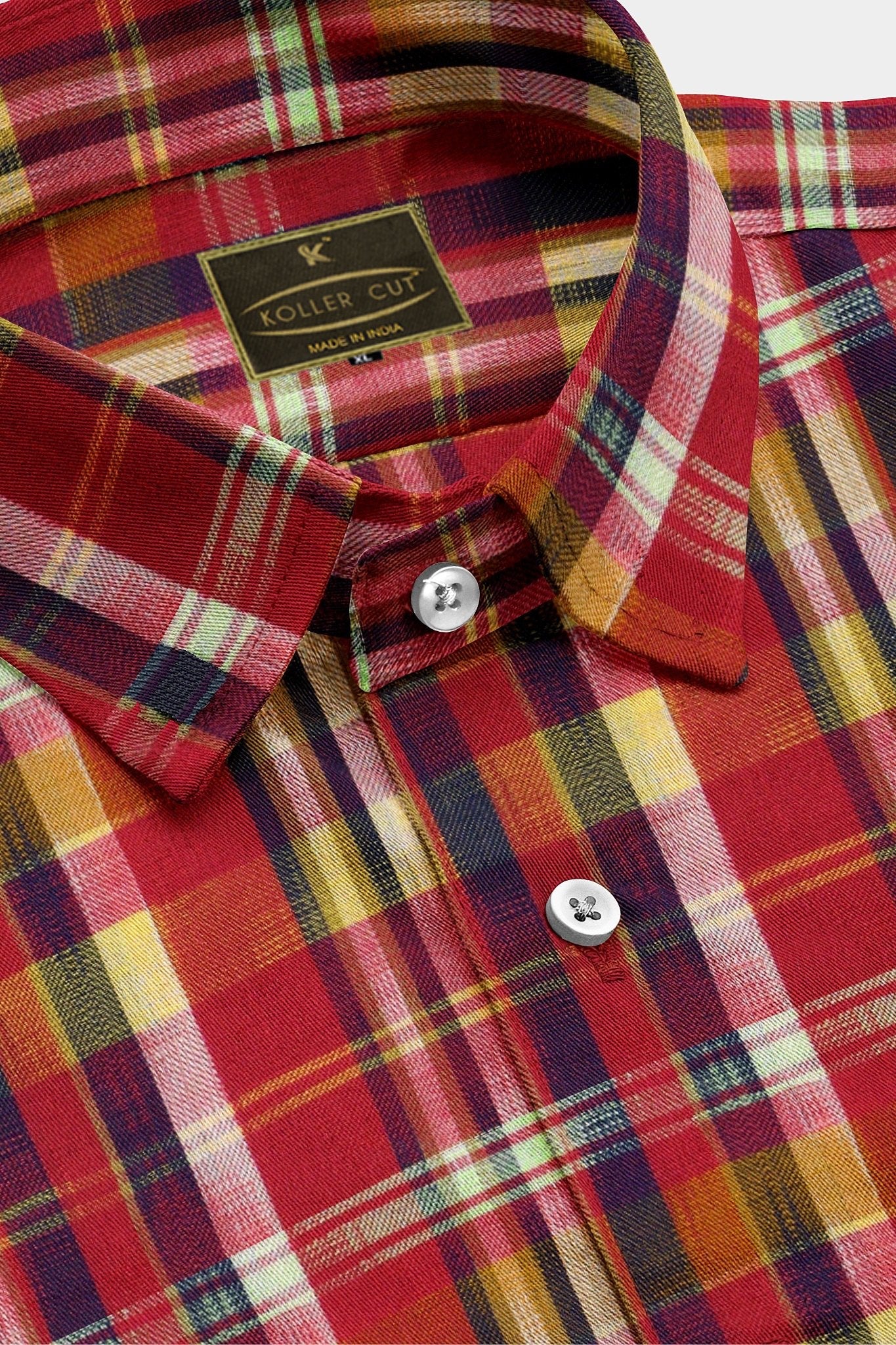 Burgundy Red with Yellow and Blue Checks Organic Cotton Flannel Shirt