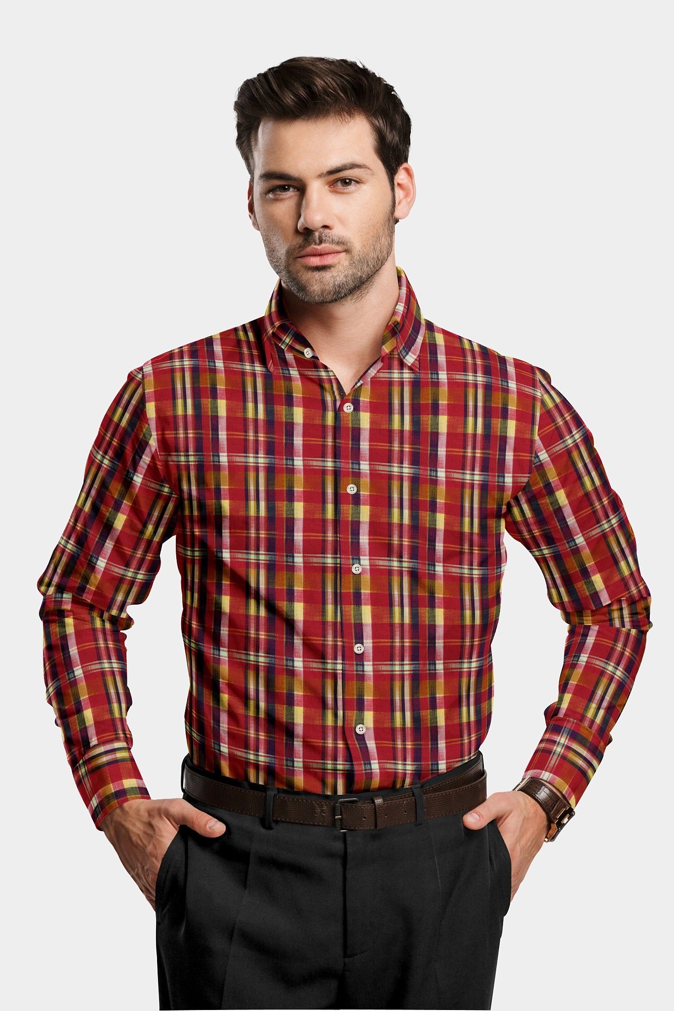 Burgundy Red with Yellow and Blue Checks Organic Cotton Flannel Shirt