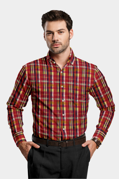 Burgundy Red with Yellow and Blue Checks Organic Cotton Flannel Shirt