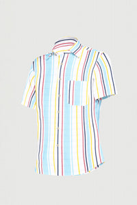 White and Arctic Blue with Red and Yellow Multicolored Stripes Cotton Linen Shirt