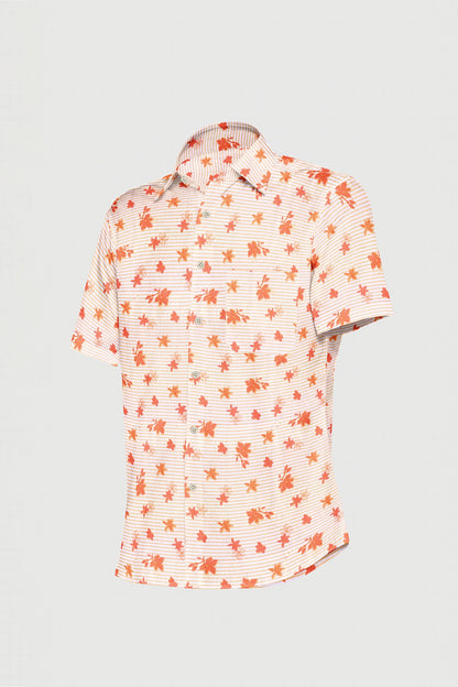 White and Clementine Orange Blackcurrant Leaf Printed Stripes Cotton Shirt
