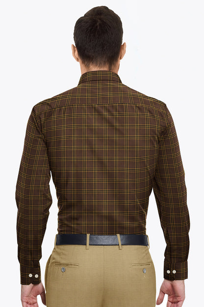 Pecan Brown with Ochre Yellow and Black Checks Cotton Shirt