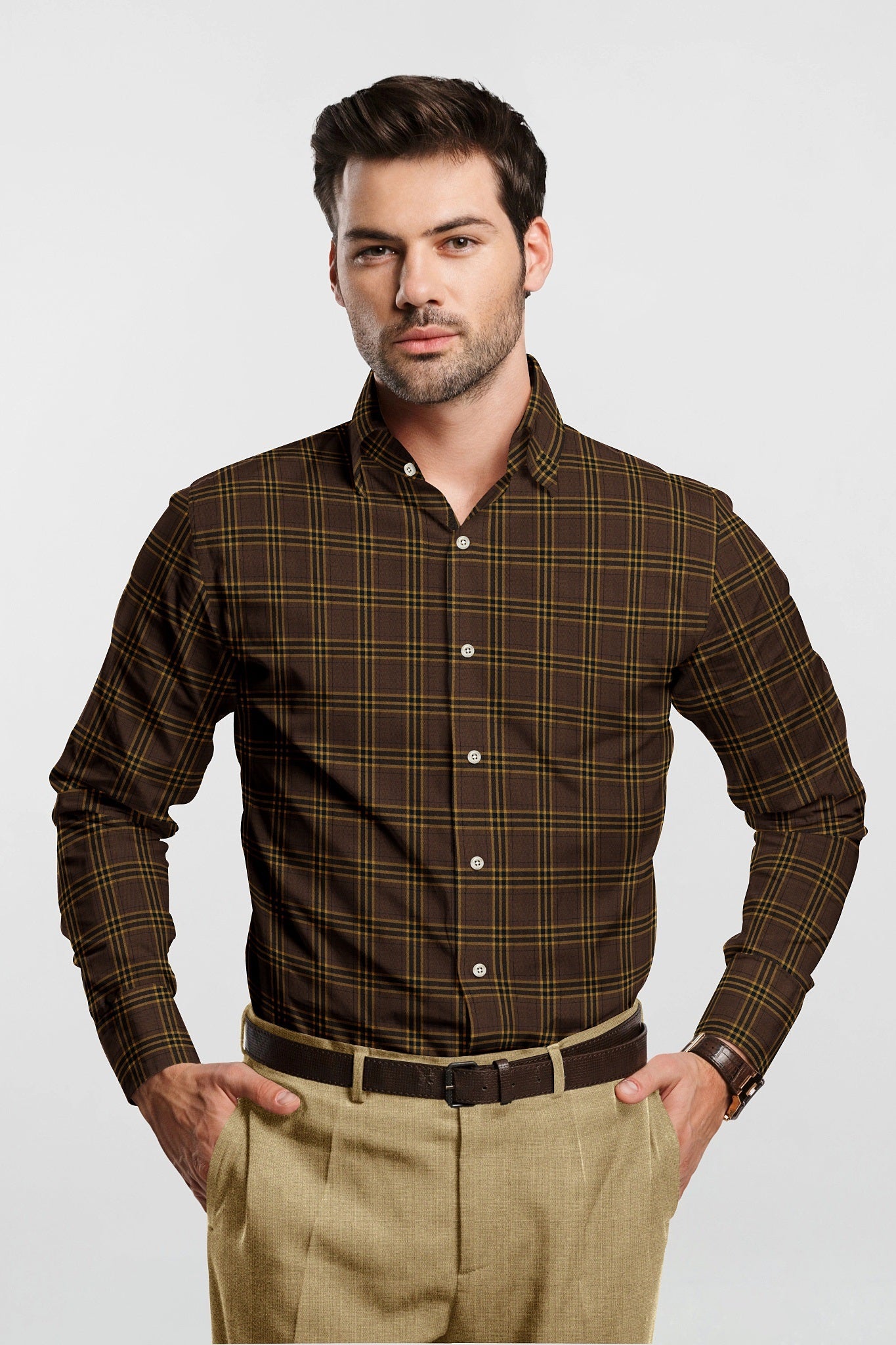 Pecan Brown with Ochre Yellow and Black Checks Cotton Shirt