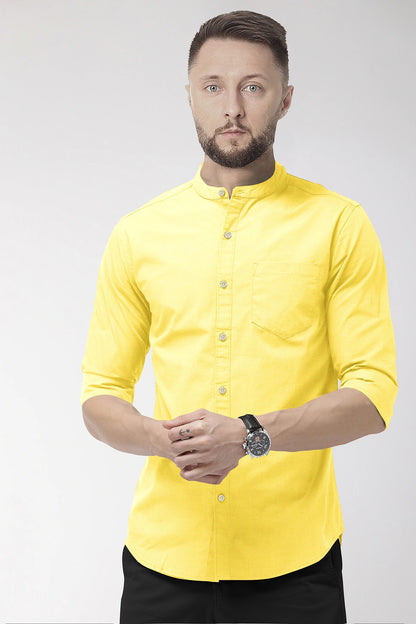 Lemon Yellow Mandarin Collar Luxurious Linen Shirt
