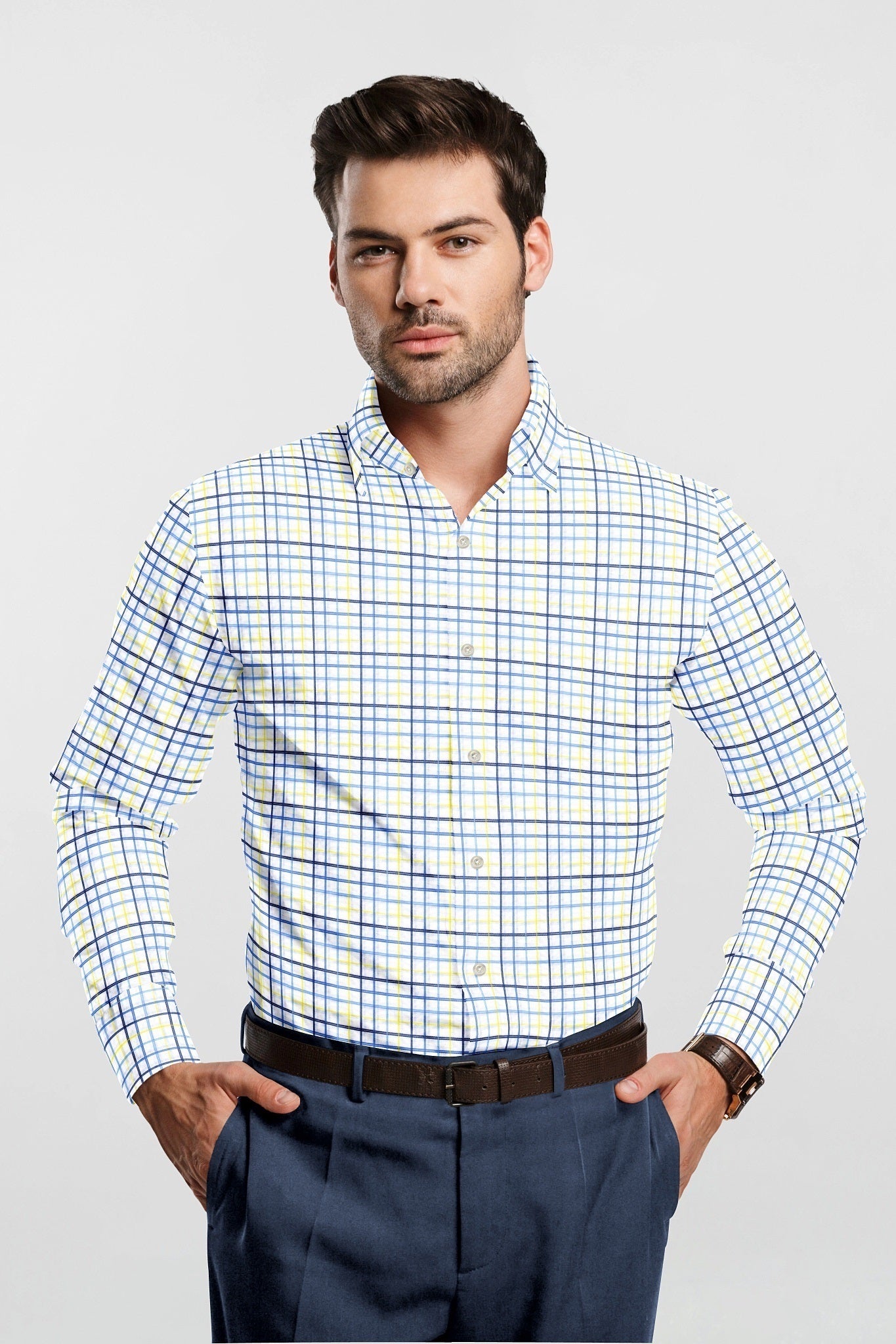 White with Neon Yellow and Neo Mint Blue Checks Cotton Shirt