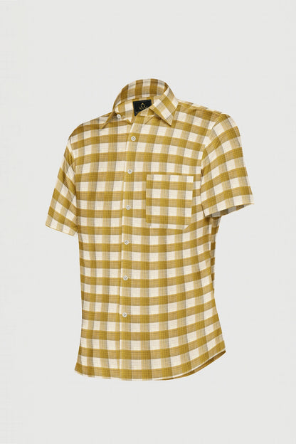 White with Beige and Biscotti Checks Linen Shirt