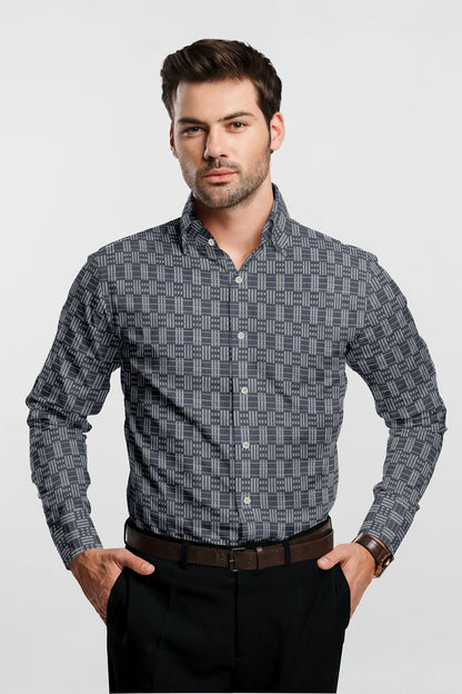 Charcoal Black and Silver Gray Jacquard Box Checks Premium Cotton Shirt