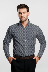 Charcoal Black and Silver Gray Jacquard Box Checks Premium Cotton Shirt