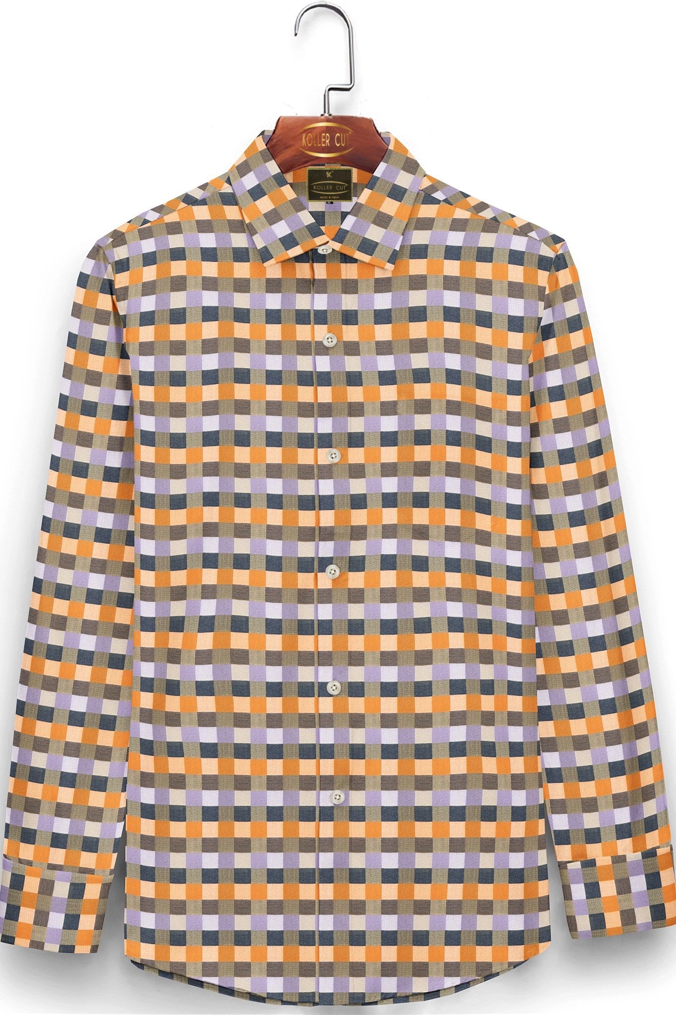 Tangerine Orange and Indigo Blue Multicolored Box Checks Cotton Shirt