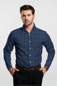 Delft Blue with Black and White Checks Cotton Shirt