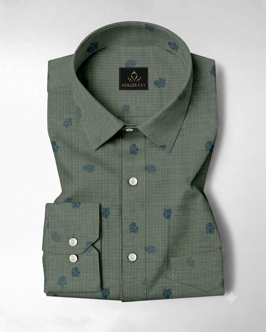 Prussian Blue and Light Fawn Jacquard Leaf Printed Pinstriped Giza Cotton Shirt