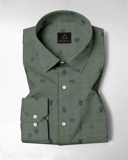 Prussian Blue and Light Fawn Jacquard Leaf Printed Pinstriped Giza Cotton Shirt