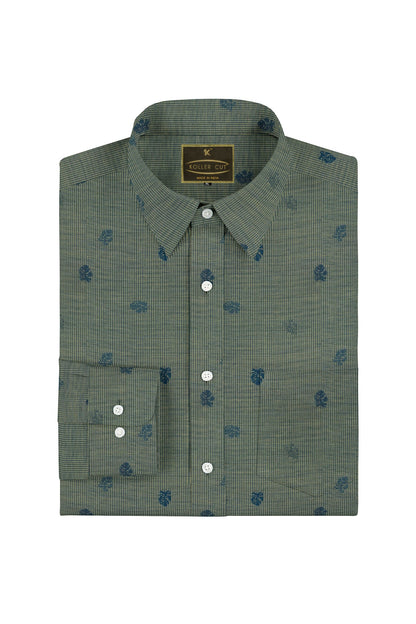 Prussian Blue and Light Fawn Jacquard Leaf Printed Pinstriped Giza Cotton Shirt