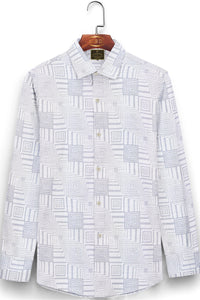 Platinum Gray and Cloud Gray Jacquard Square Labyrinth Pattern Printed Giza Cotton Shirt