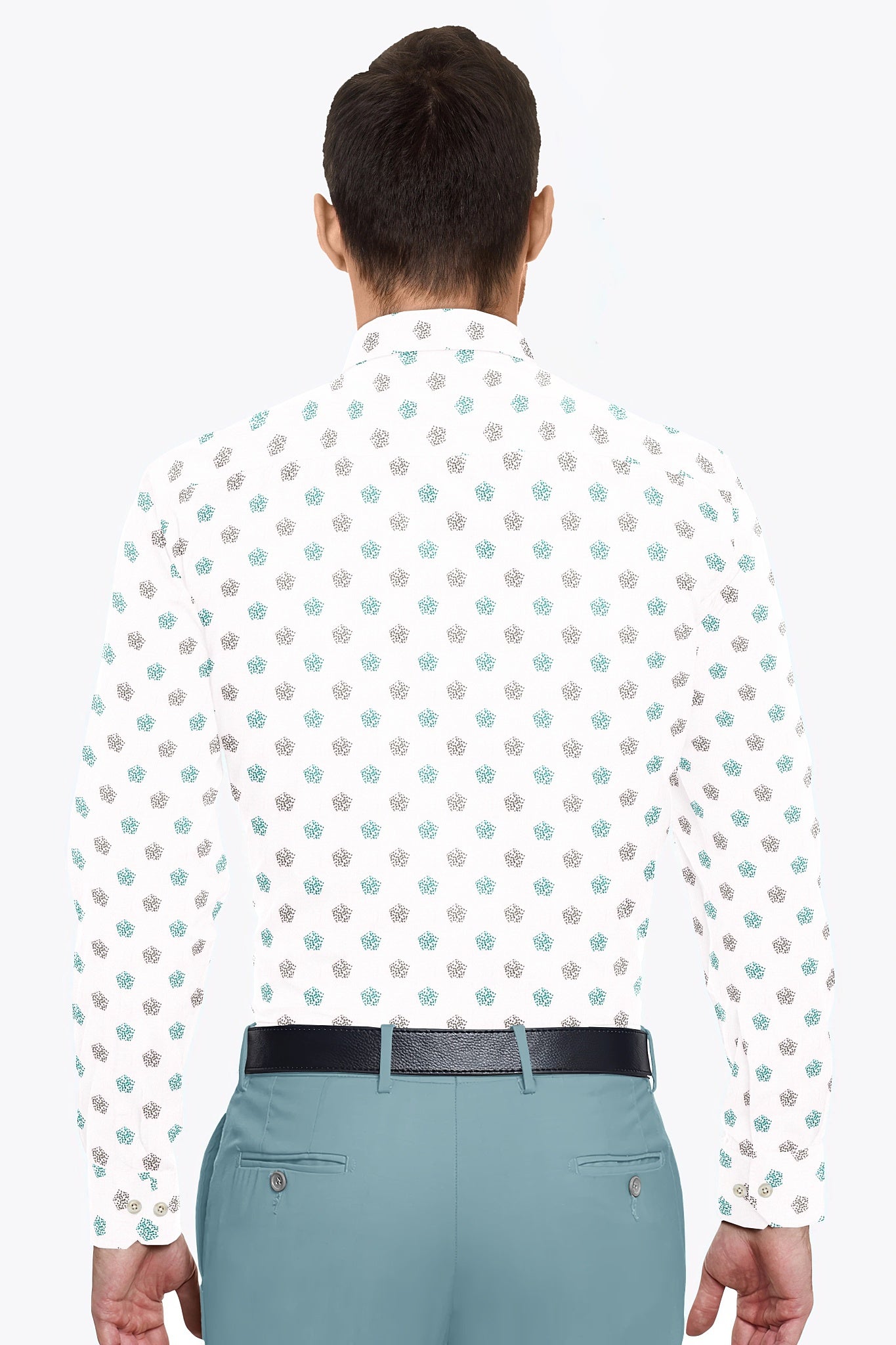 White with Turquoise Green and Coal Black Pentagon Printed Egyptian Giza Cotton Shirt - Plus Size Printed Shirt In India