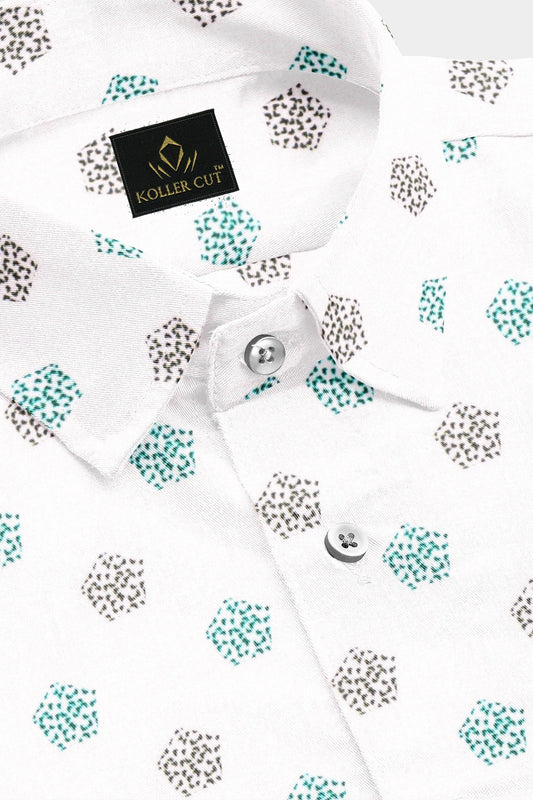 White with Turquoise Green and Coal Black Pentagon Printed Egyptian Giza Cotton Shirt