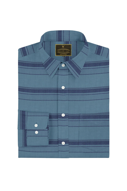 Stone Blue and Denim Blue Wide Stripes Giza Cotton Shirt