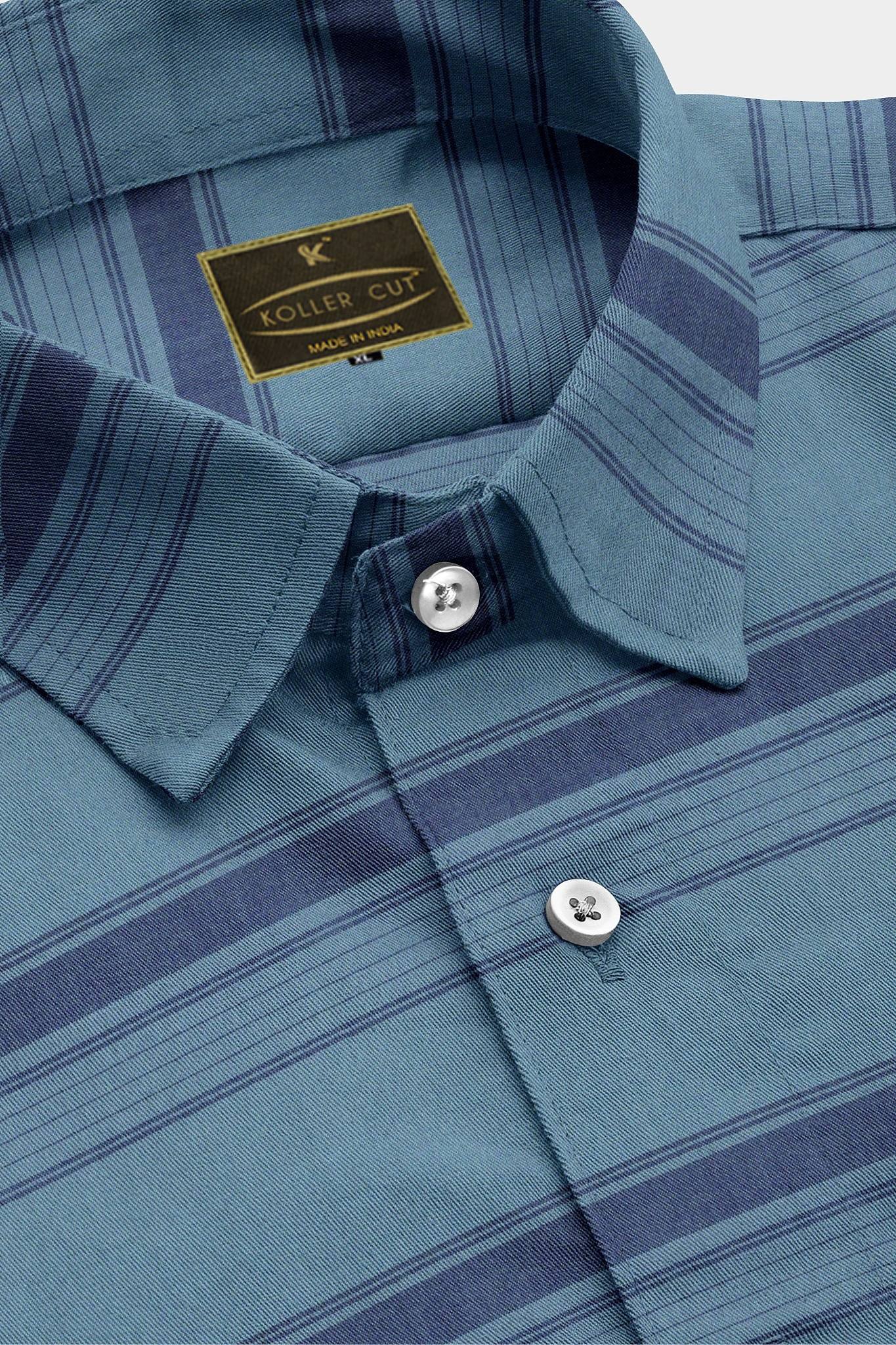 Stone Blue and Denim Blue Wide Stripes Giza Cotton Shirt