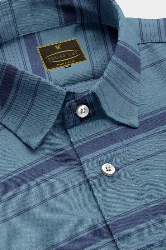 Stone Blue and Denim Blue Wide Stripes Giza Cotton Shirt