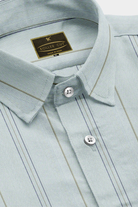 Pastel Mint Green with Cedar Brown and Navy Hairline Stripes Giza Cotton  Shirt