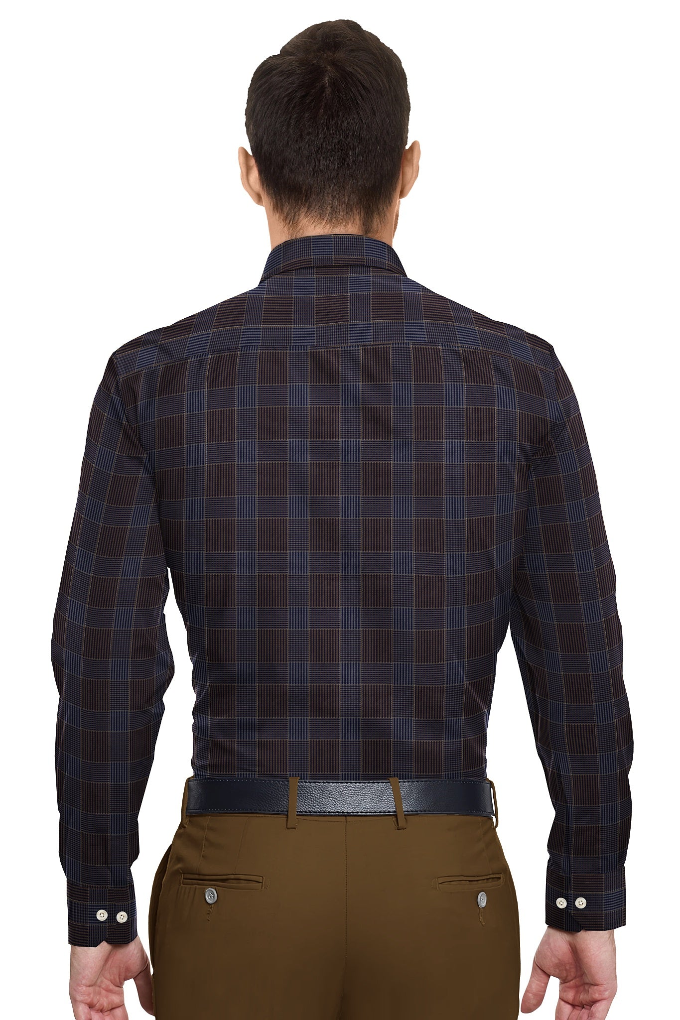 Mykonos Blue and Tiramisu Brown Jacquard Checks Premium Egyptian Giza Cotton Shirt