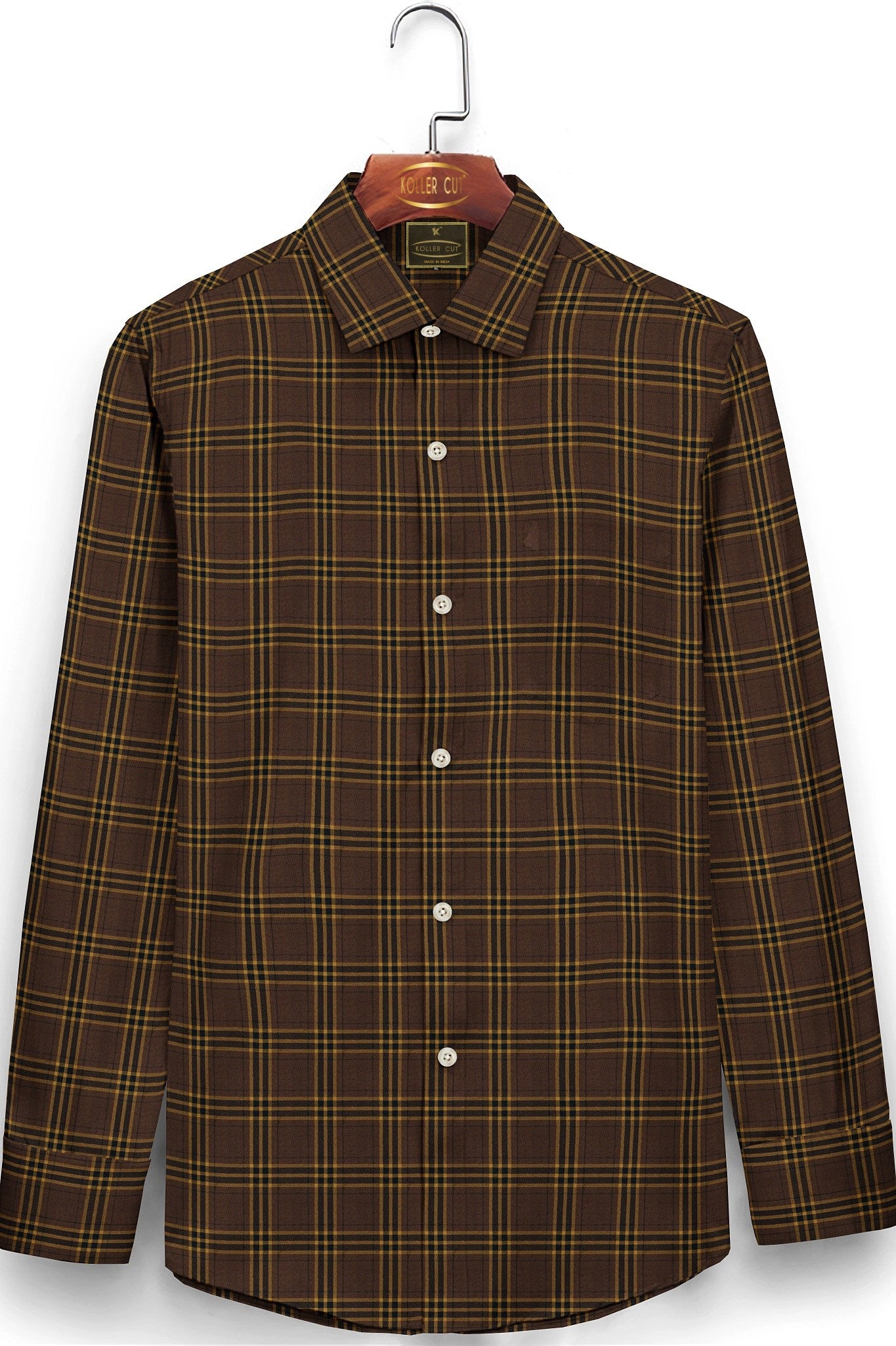 Pecan Brown with Ochre Yellow and Black Checks Cotton Shirt