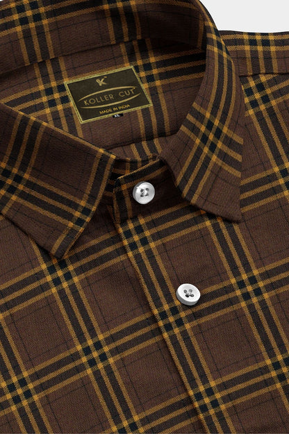 Pecan Brown with Ochre Yellow and Black Checks Cotton Shirt