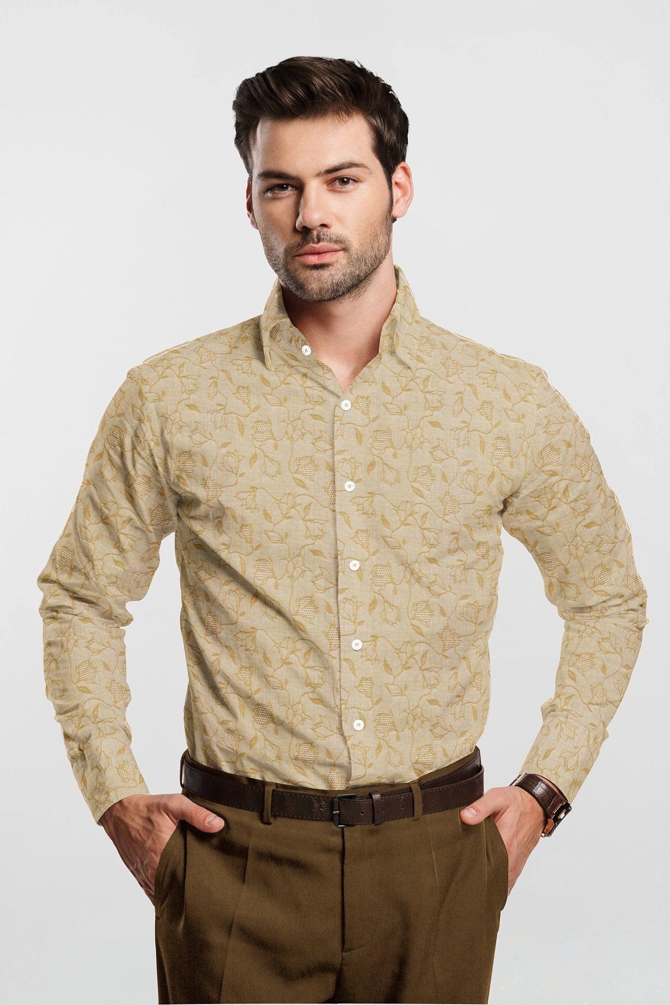 Beige and Biscotti Cream Rose Flower Jacquard Print Giza Cotton Shirt Plus size Printed Shirt in India